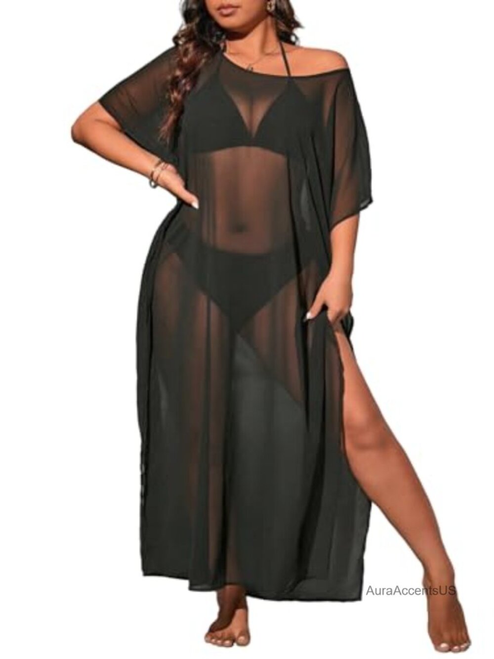 Plus Size One Shoulder Sheer Mesh Split Thigh Loose Coverup Dress Beach Swimwear